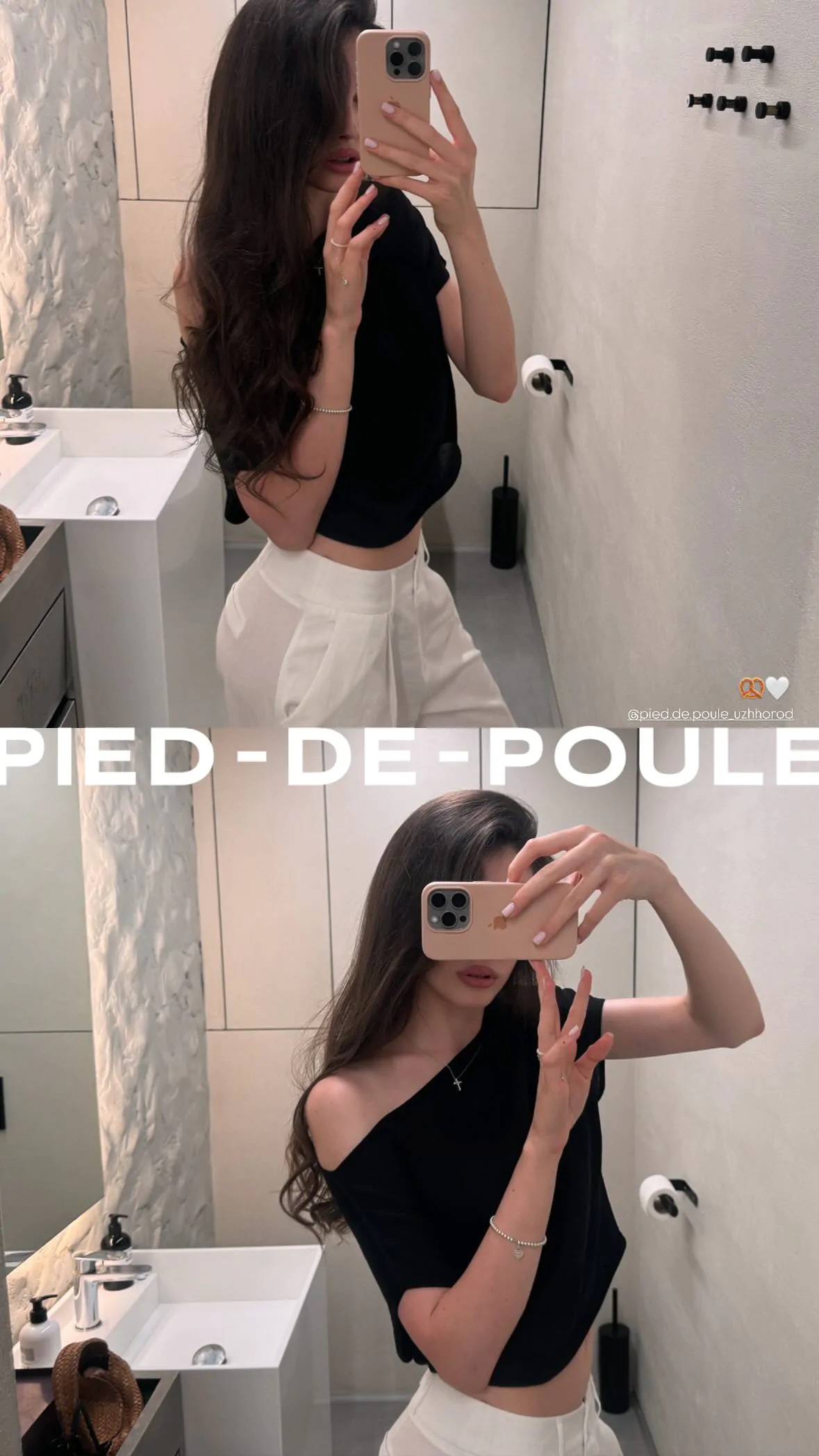 Dwa zdjęcia kobiety robiącej selfie w łazience.